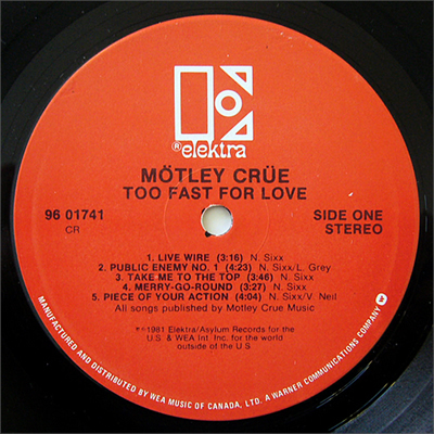 Mötley Crüe, Too Fast For Love, Elektra Records, Canadian Press LP [#2]