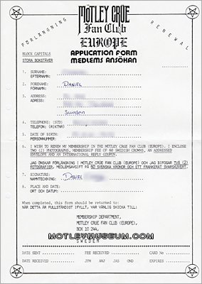 MOTLEY CRUE - FAN CLUB APPLICATION FORM